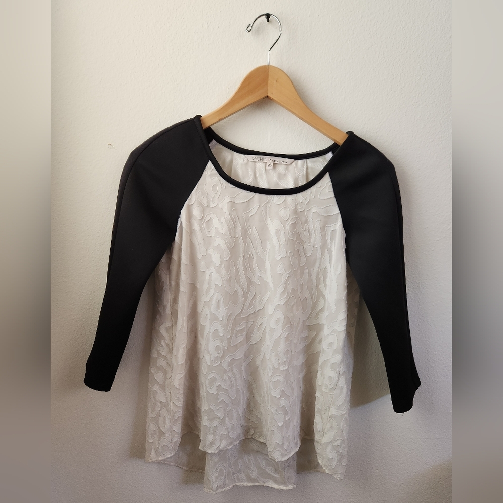 Rachel Rachel Roy Textured 3/4 Sleeve Raglan Top Black‎ White Extra Small XS